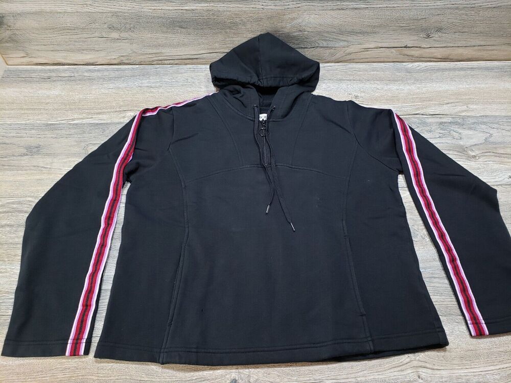 Danskin Now Women's Black Pink Stripe Hooded 1/4 Zip Pullover Large